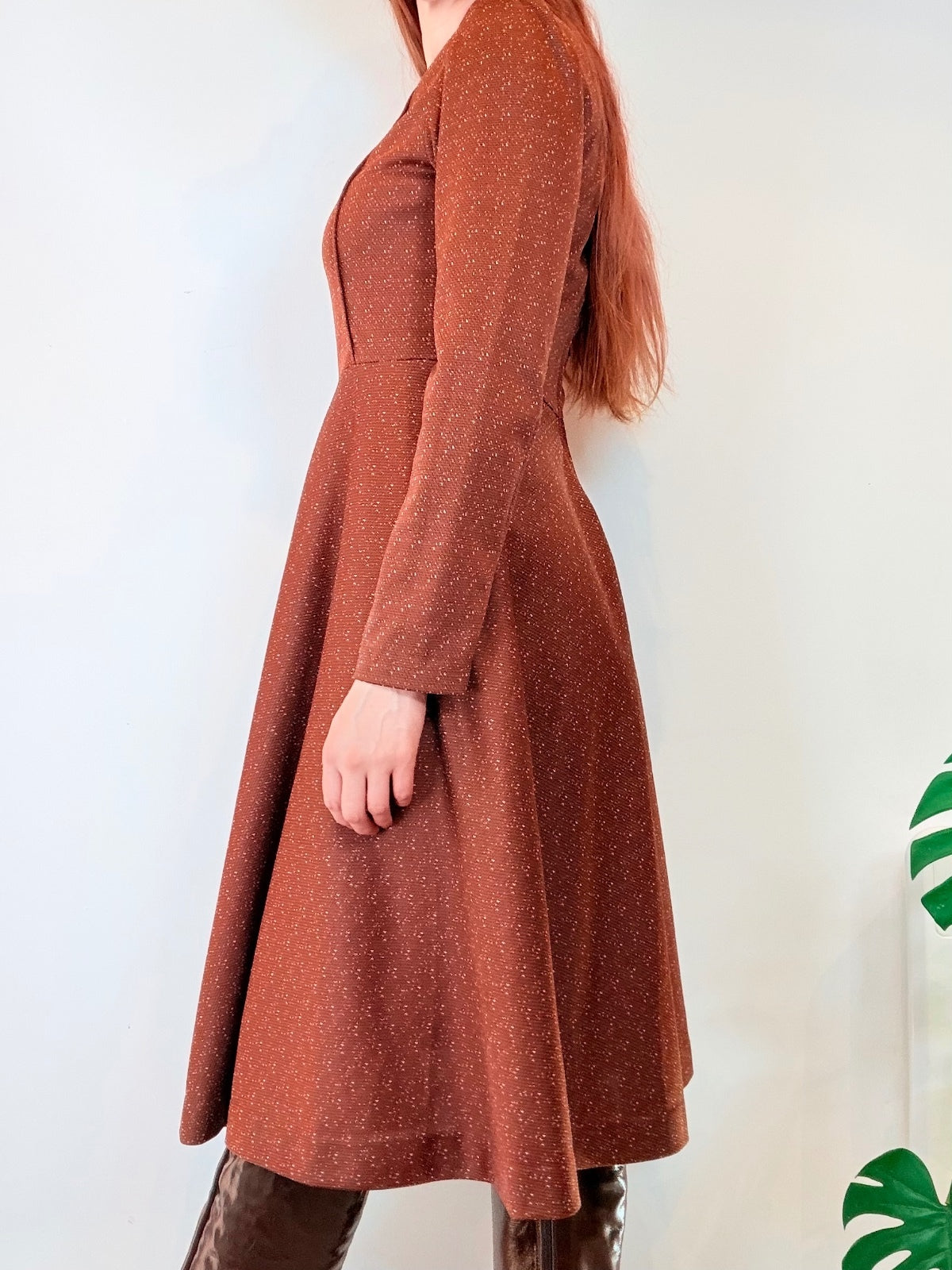 Brown Long Sleeve Dress Vintage 1960s Fit & Flare Midi Size 8 to 10