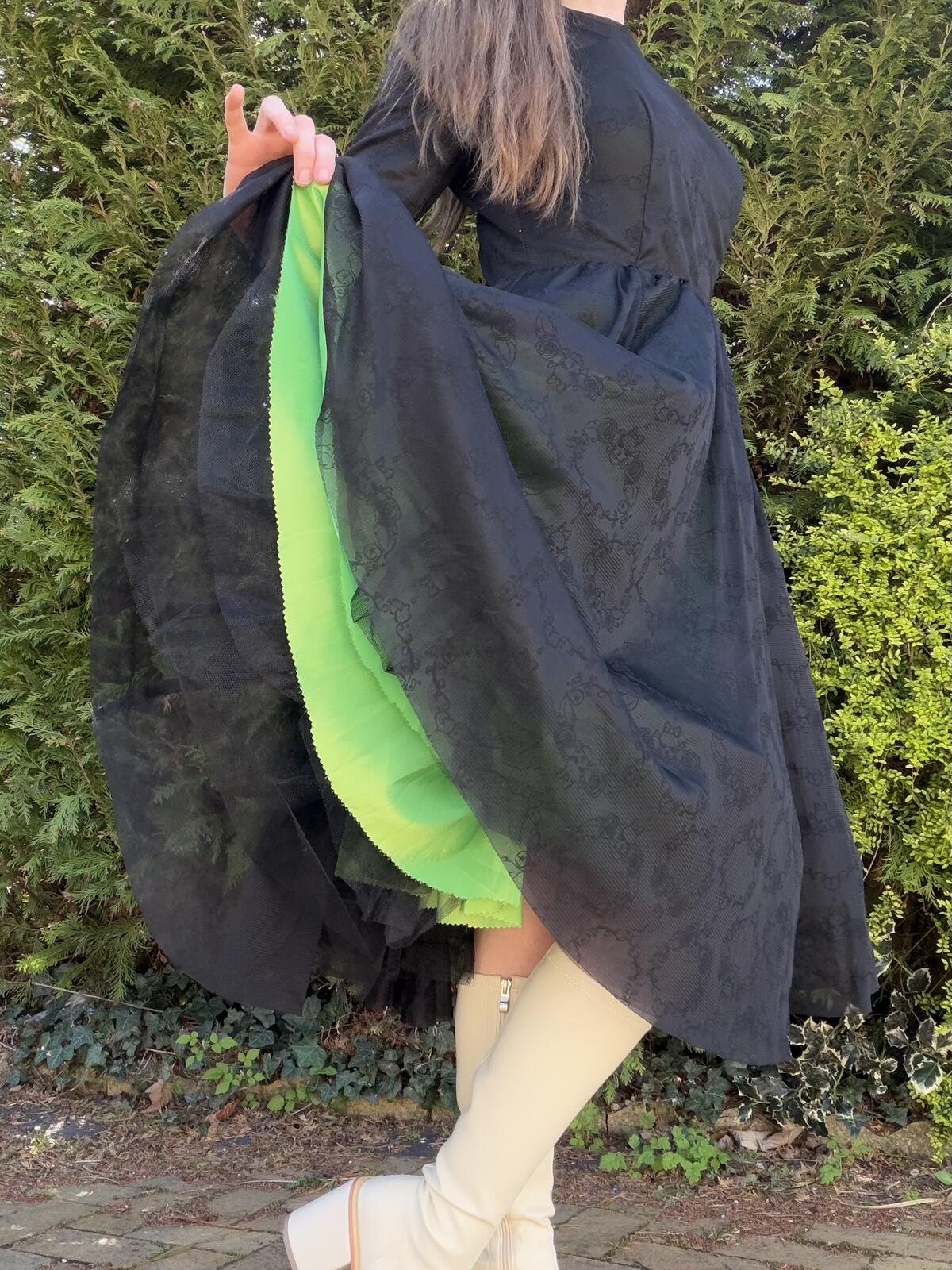 Vintage 1980s Party Dress Black Long Sleeve Midi Dress with Green Lining Size 10