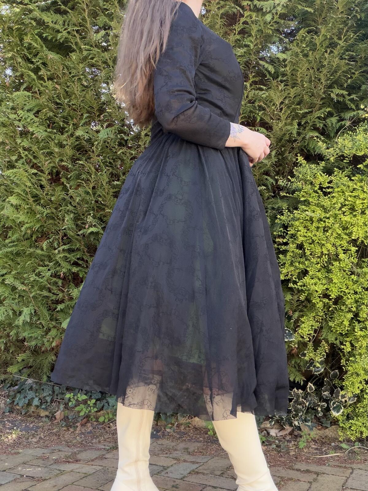 Vintage 1980s Party Dress Black Long Sleeve Midi Dress with Green Lining Size 10