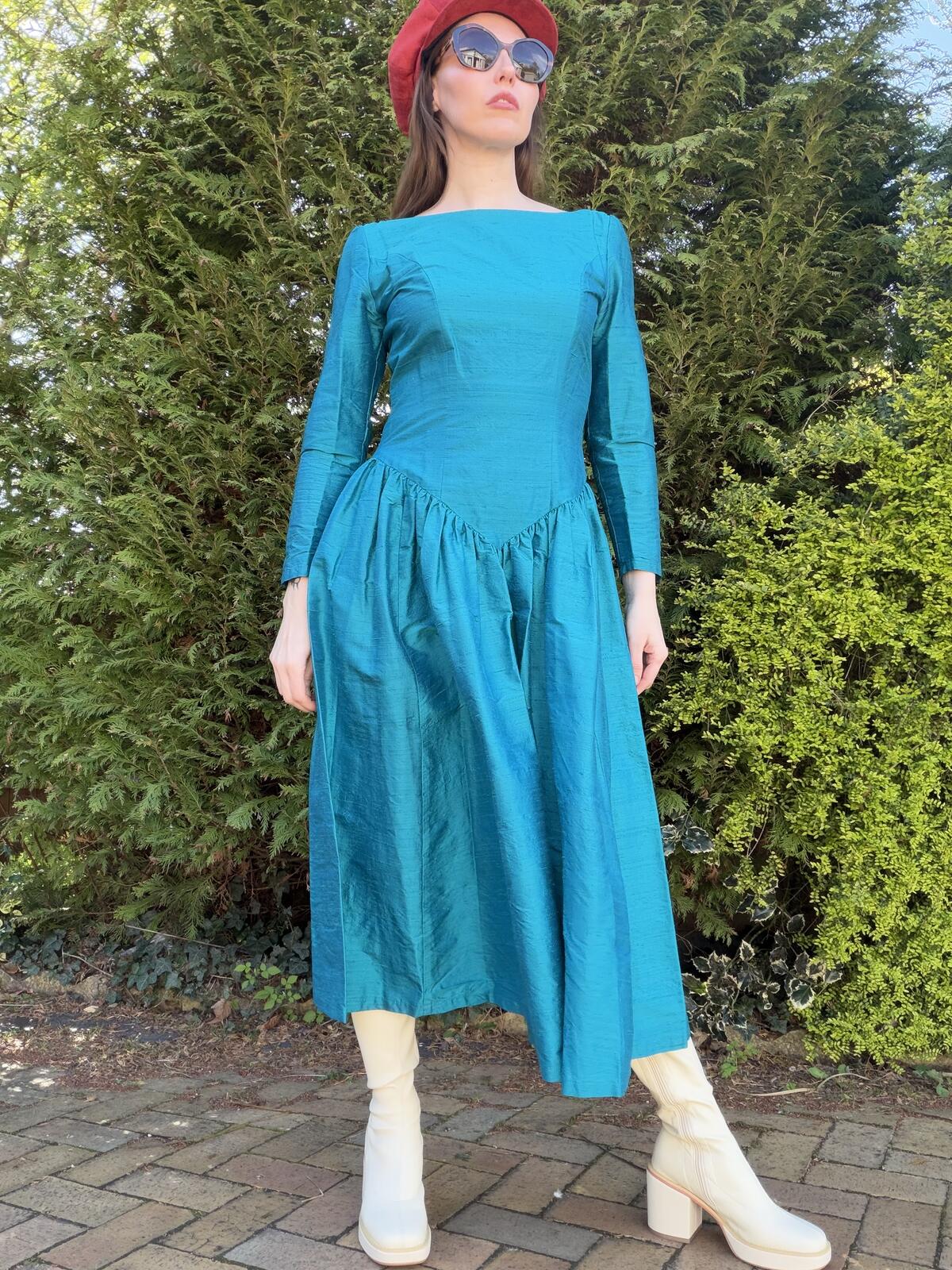 Vintage 1980s Party Dress By Monsoon 100% Silk Long Sleeve Midi Dress Blue 12