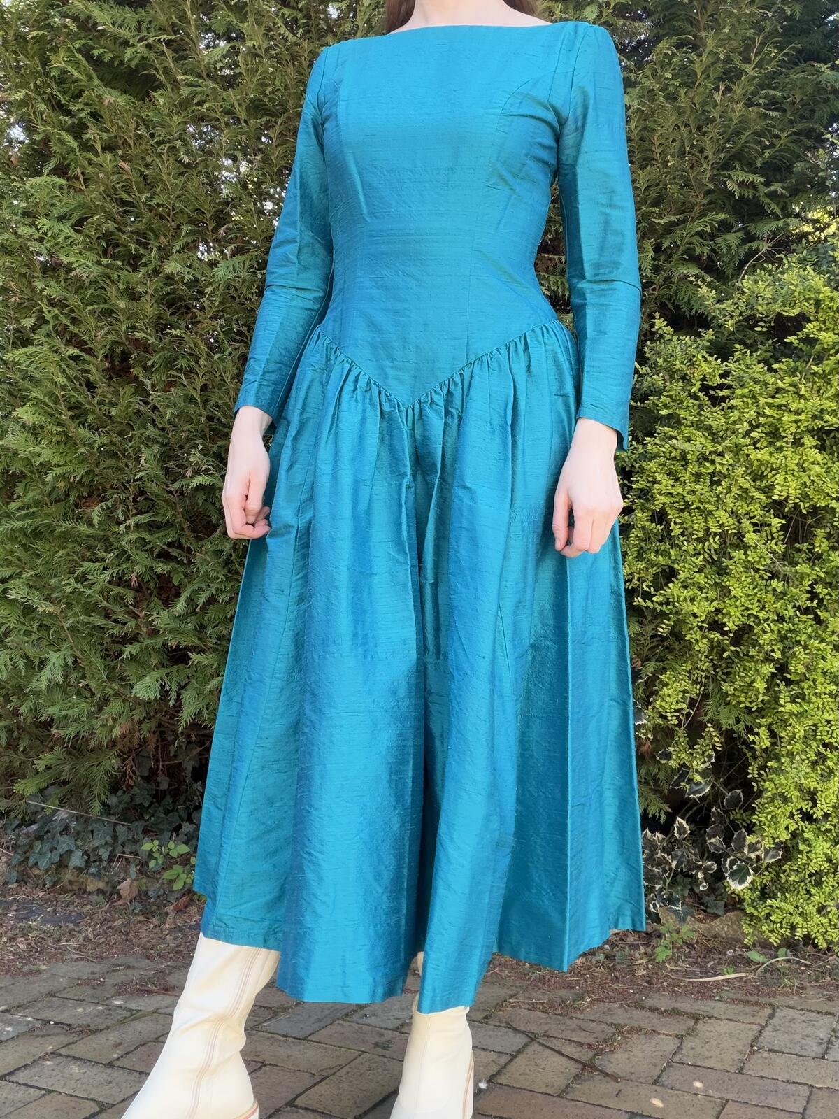 Vintage 1980s Party Dress By Monsoon 100% Silk Long Sleeve Midi Dress Blue 12