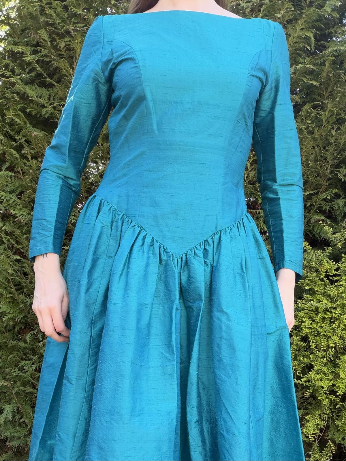Vintage 1980s Party Dress By Monsoon 100% Silk Long Sleeve Midi Dress Blue 12