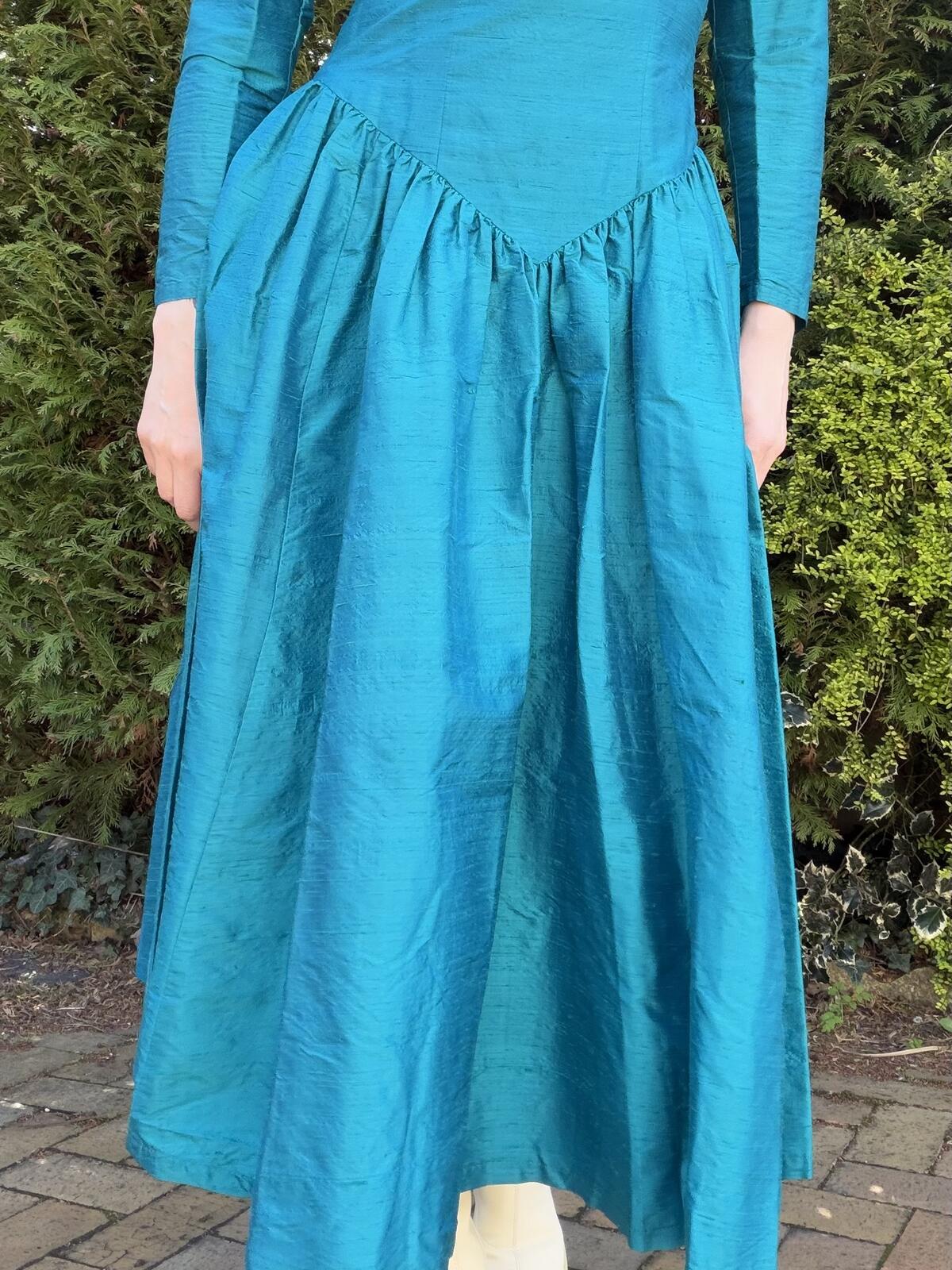 Vintage 1980s Party Dress By Monsoon 100% Silk Long Sleeve Midi Dress Blue 12