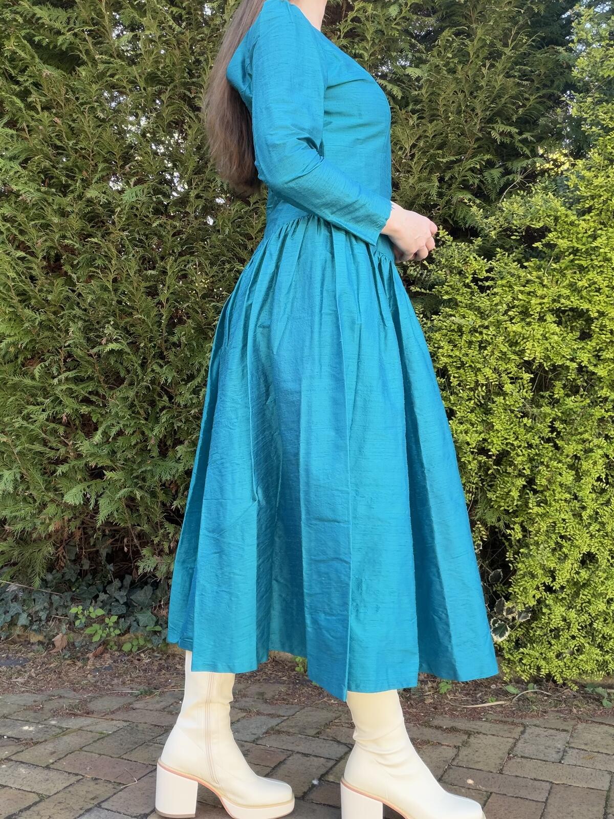Vintage 1980s Party Dress By Monsoon 100% Silk Long Sleeve Midi Dress Blue 12