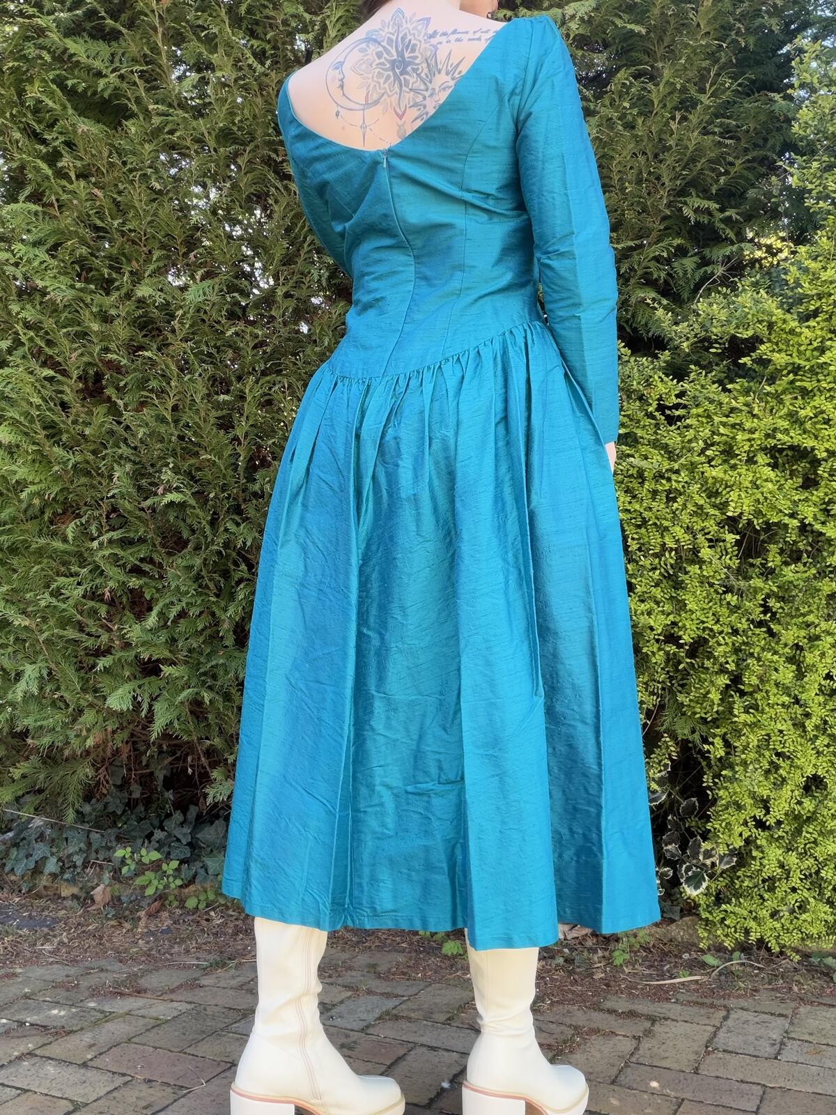 Vintage 1980s Party Dress By Monsoon 100% Silk Long Sleeve Midi Dress Blue 12