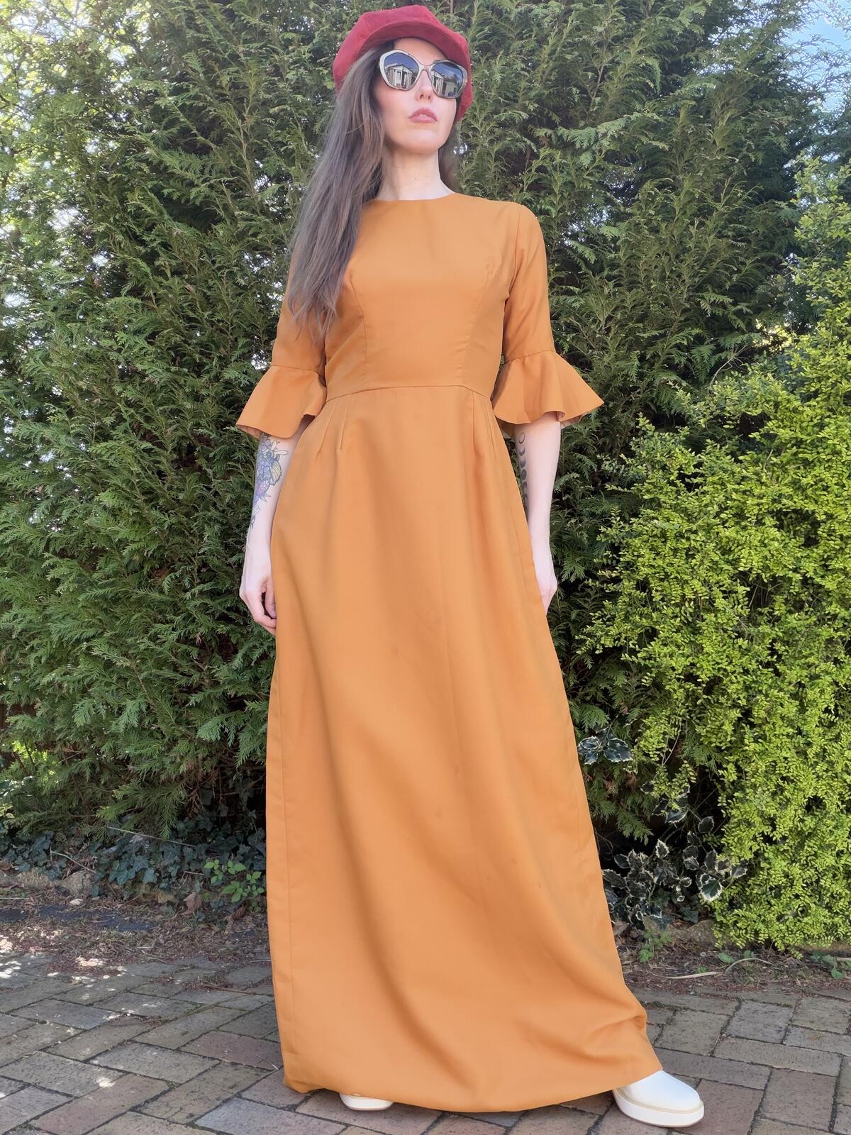 Vintage 1970s Maxi Dress Mustard Yellow Long Dress with Flared Sleeves Size 12