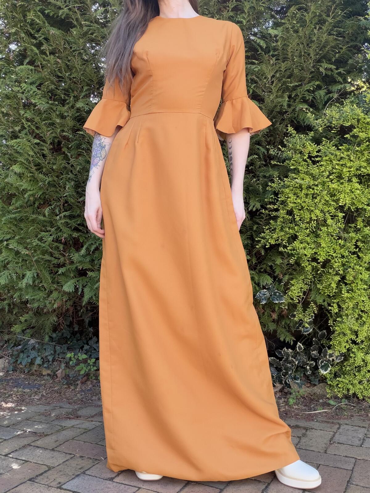 Vintage 1970s Maxi Dress Mustard Yellow Long Dress with Flared Sleeves Size 12