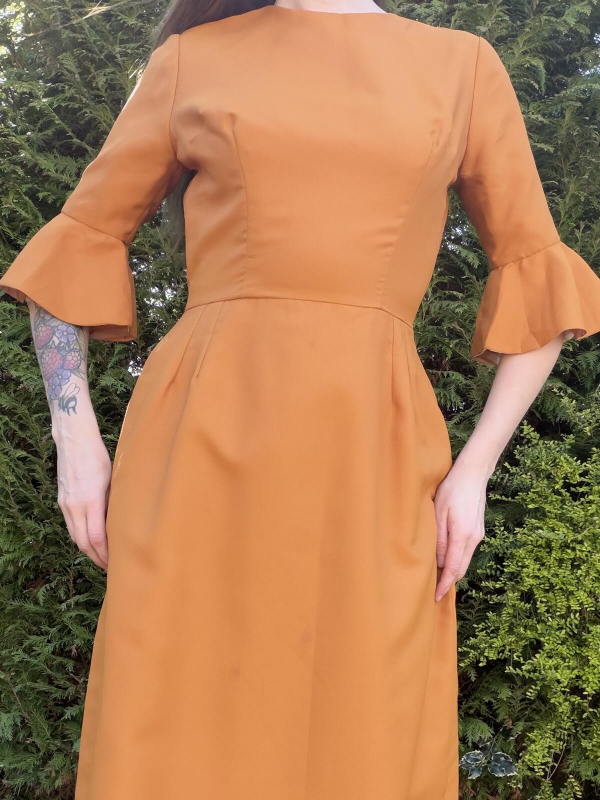 Vintage 1970s Maxi Dress Mustard Yellow Long Dress with Flared Sleeves Size 12