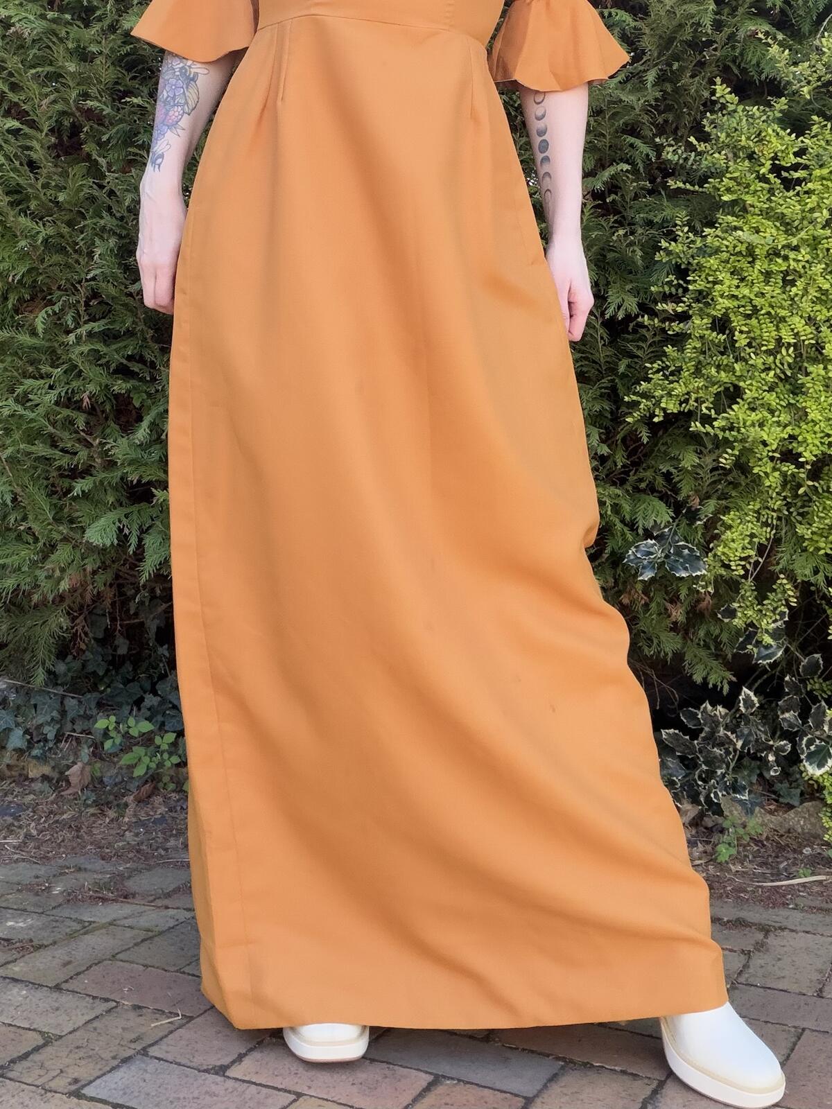 Vintage 1970s Maxi Dress Mustard Yellow Long Dress with Flared Sleeves Size 12