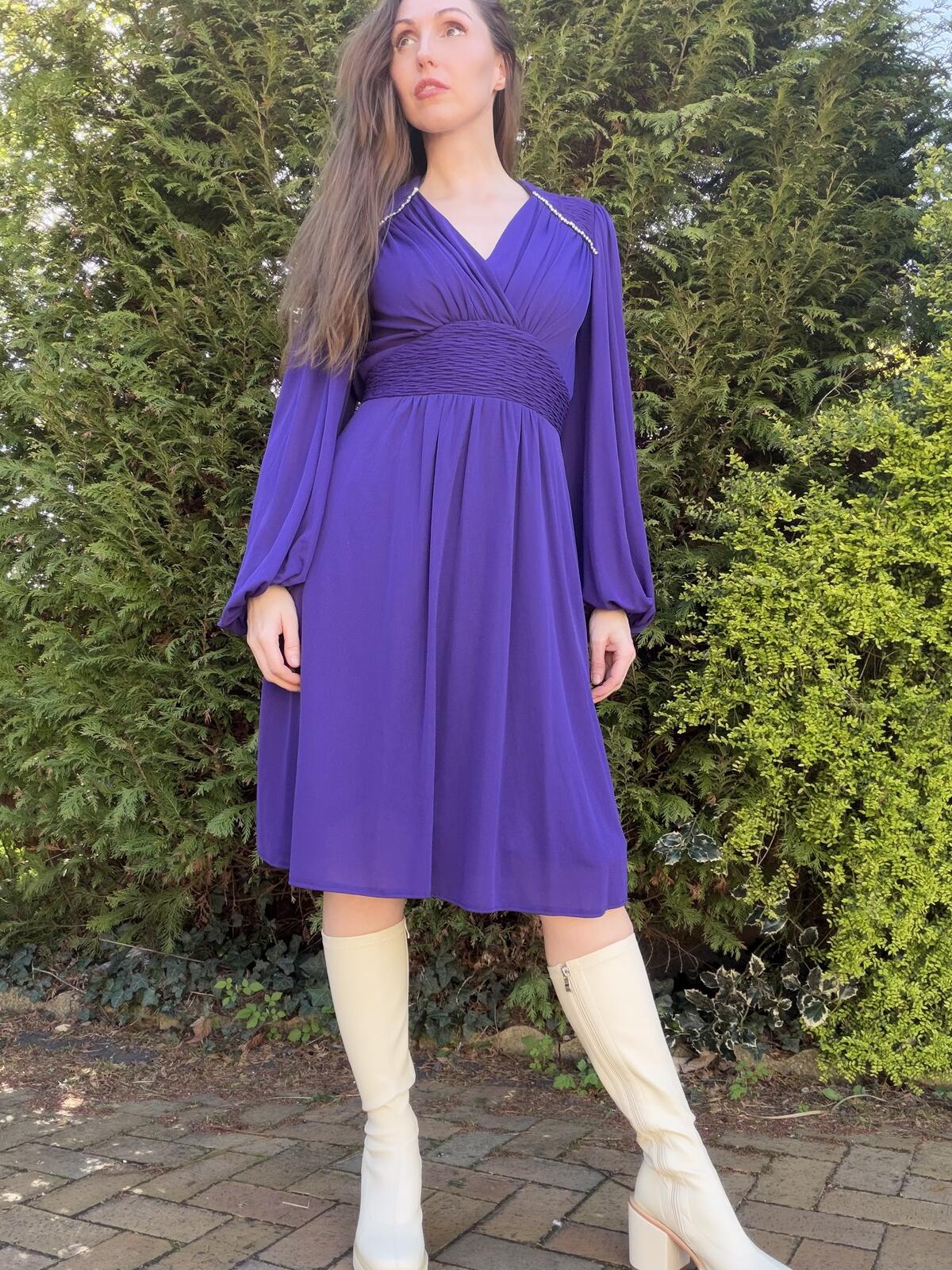 Vintage 1980s Party Dress Purple Long Balloon Sleeve Embellished Shoulders S 10
