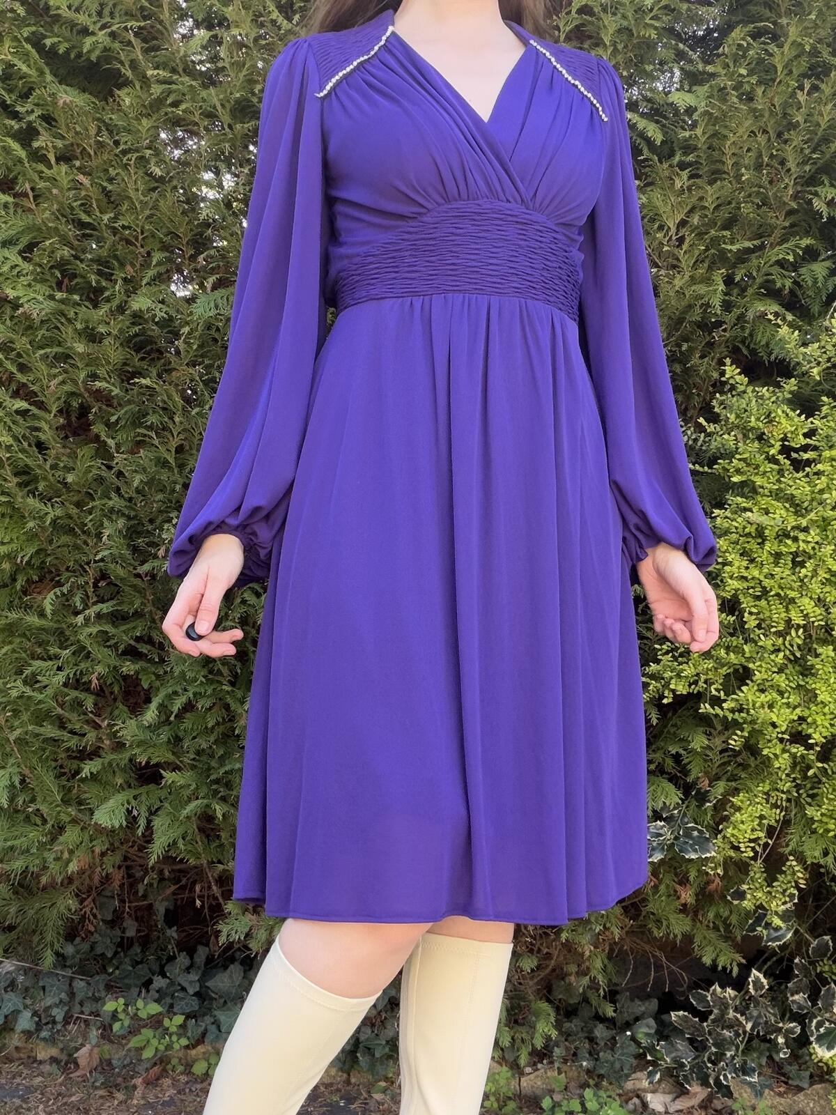 Vintage 1980s Party Dress Purple Long Balloon Sleeve Embellished Shoulders S 10