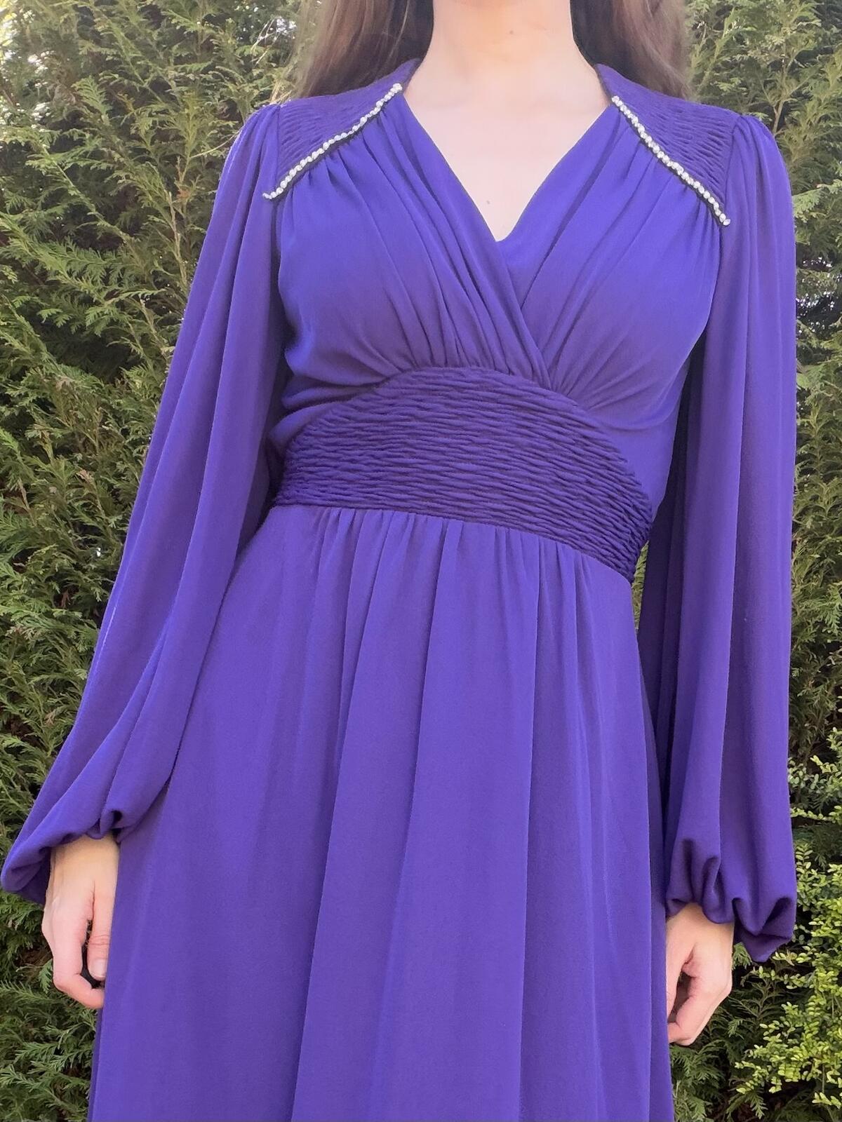 Vintage 1980s Party Dress Purple Long Balloon Sleeve Embellished Shoulders S 10