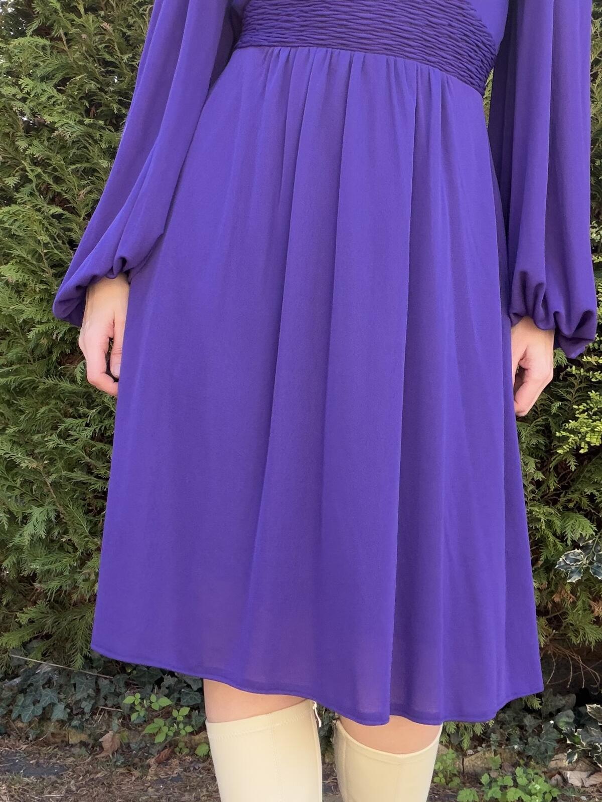 Vintage 1980s Party Dress Purple Long Balloon Sleeve Embellished Shoulders S 10