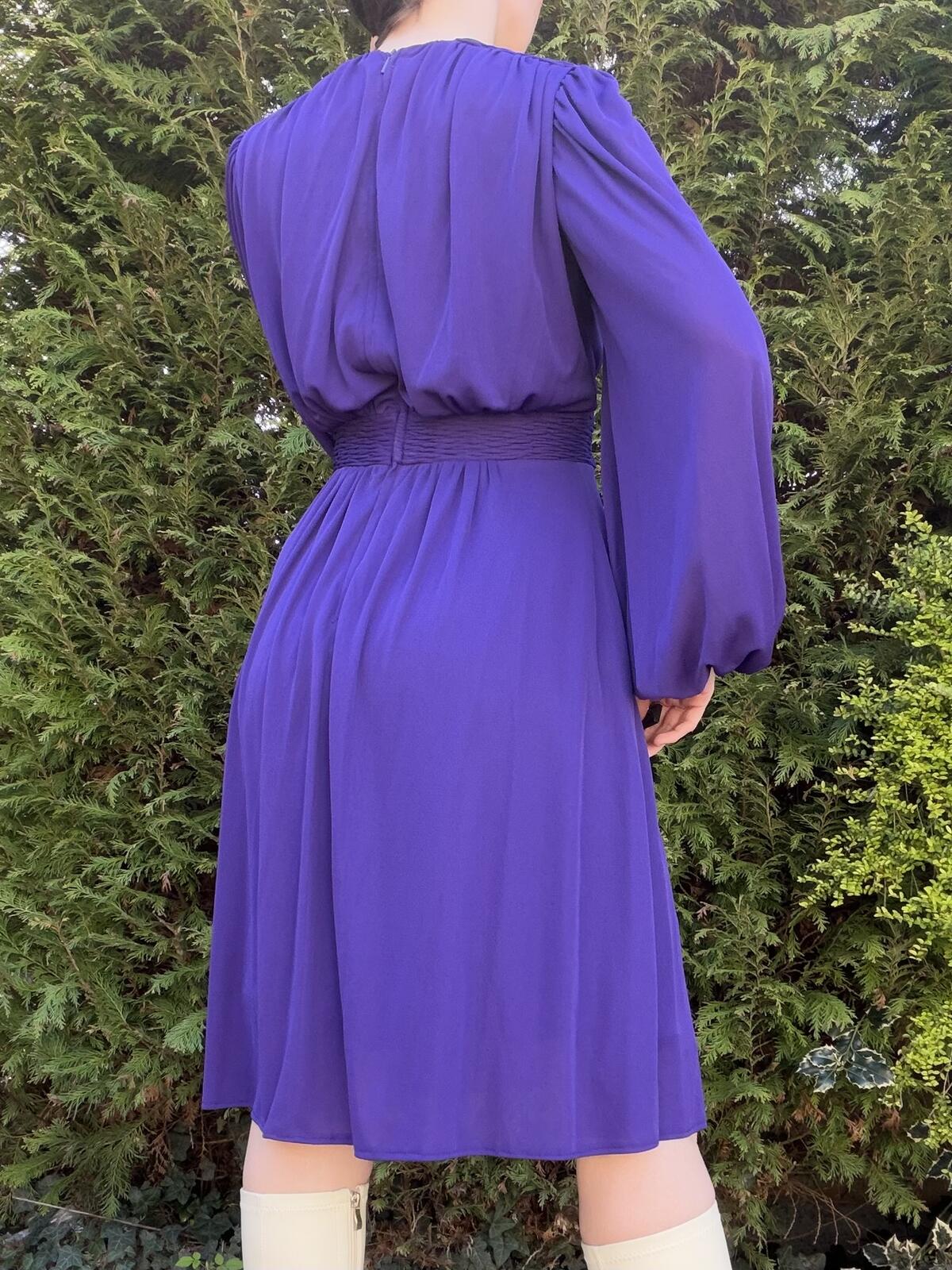 Vintage 1980s Party Dress Purple Long Balloon Sleeve Embellished Shoulders S 10