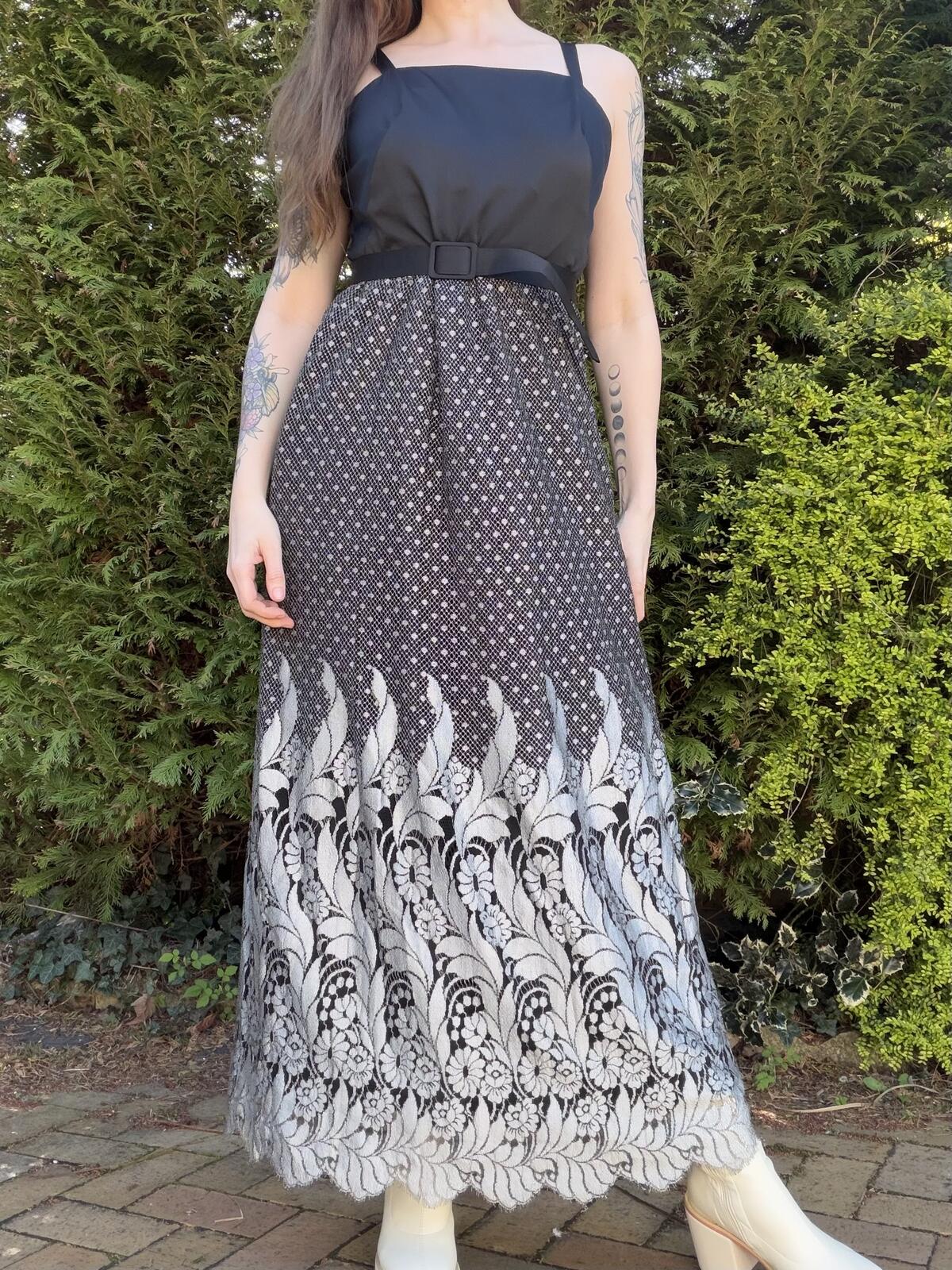 Vintage 1980s Prom Dress Black and White Maxi Dress with Belt Size 14