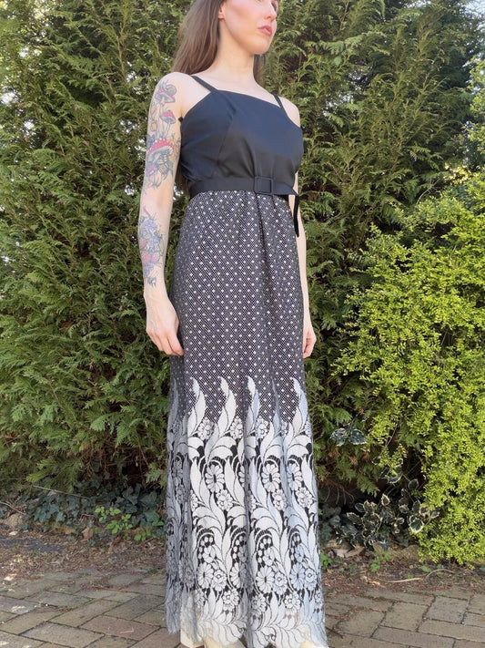 Vintage 1980s Prom Dress Black and White Maxi Dress with Belt Size 14