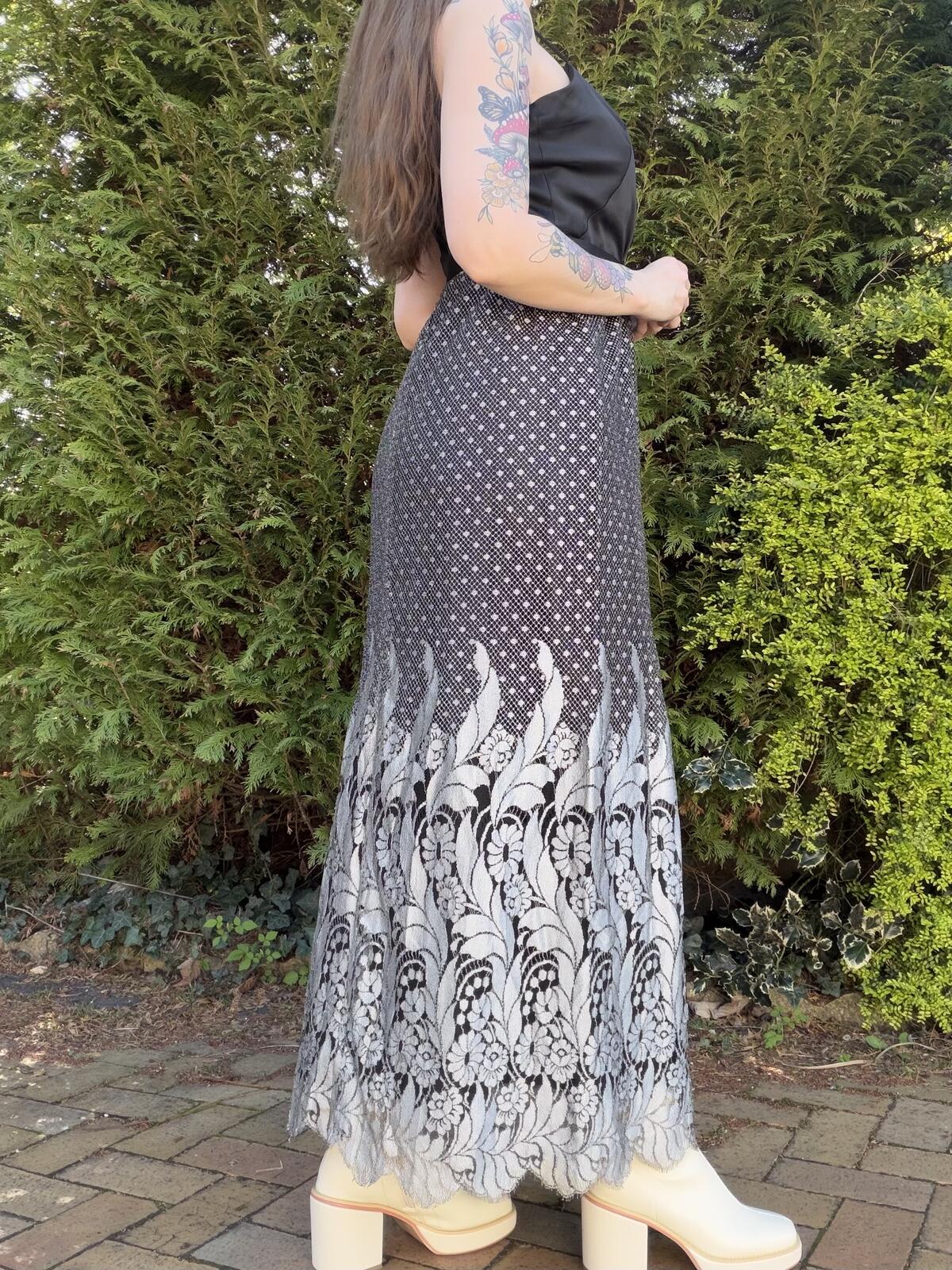 Vintage 1980s Prom Dress Black and White Maxi Dress with Belt Size 14