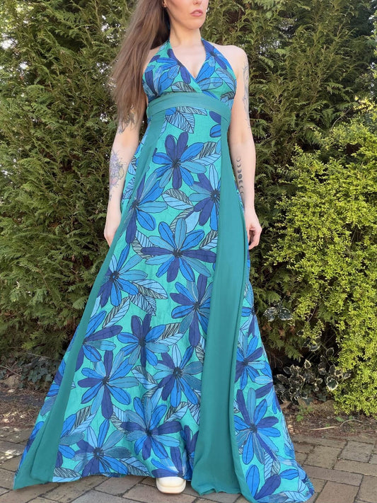 Vintage 1970s Maxi Dress Blue and Green Floral Halter Summer Hippie Dress Size 8