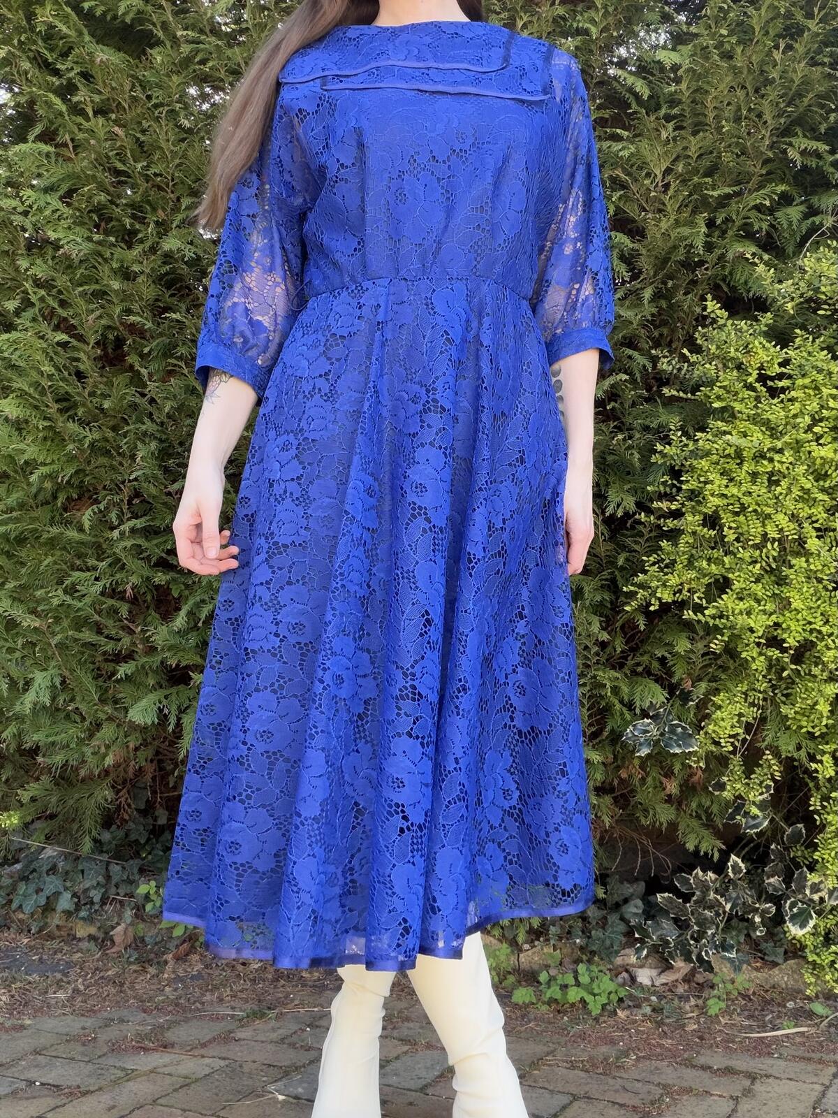 Vintage 1980s Party Dress Blue Lace Midi Dress with 3/4 Sleeves Size 10