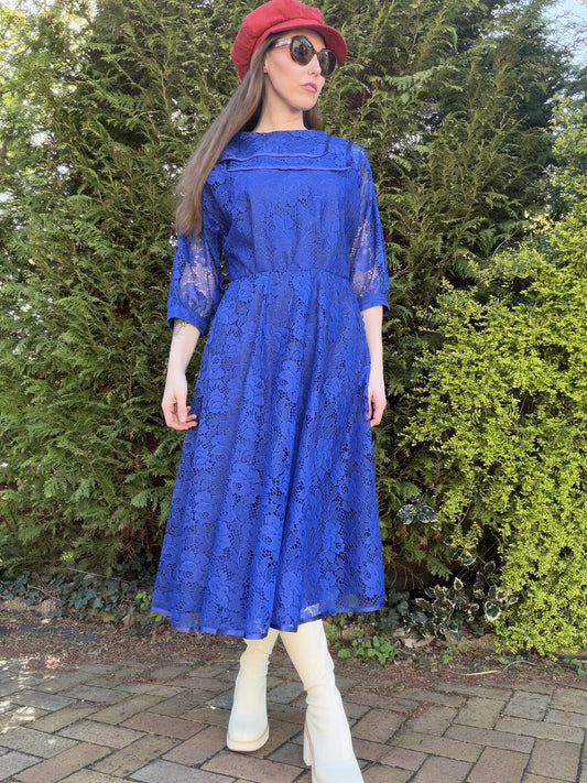 Vintage 1980s Party Dress Blue Lace Midi Dress with 3/4 Sleeves Size 10