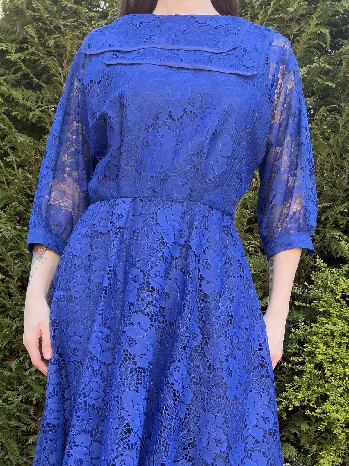 Vintage 1980s Party Dress Blue Lace Midi Dress with 3/4 Sleeves Size 10