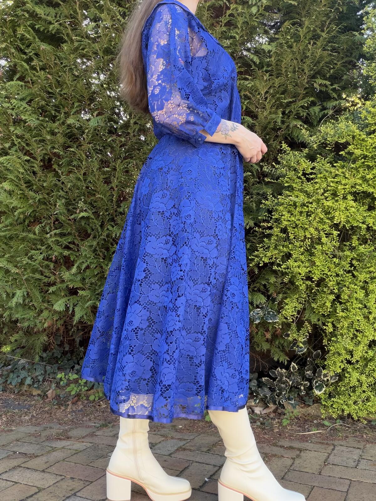 Vintage 1980s Party Dress Blue Lace Midi Dress with 3/4 Sleeves Size 10