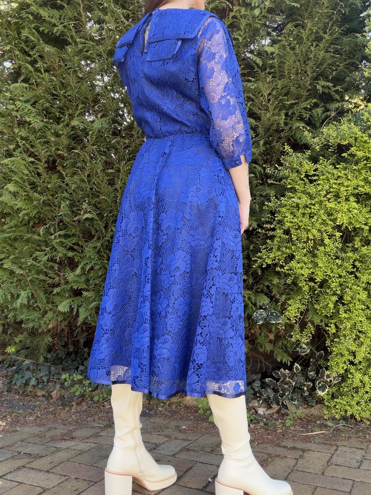 Vintage 1980s Party Dress Blue Lace Midi Dress with 3/4 Sleeves Size 10