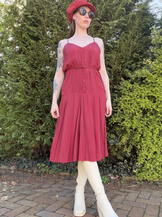 Vintage 1980s Summer Dress Red Striped Midi Dress with Belt Size 10