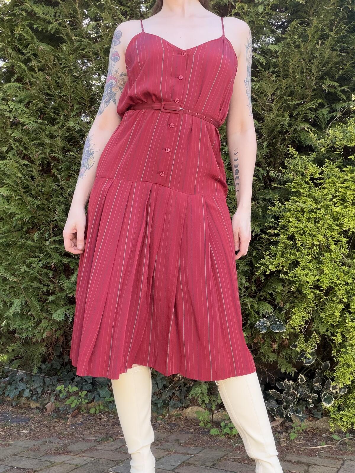 Vintage 1980s Summer Dress Red Striped Midi Dress with Belt Size 10