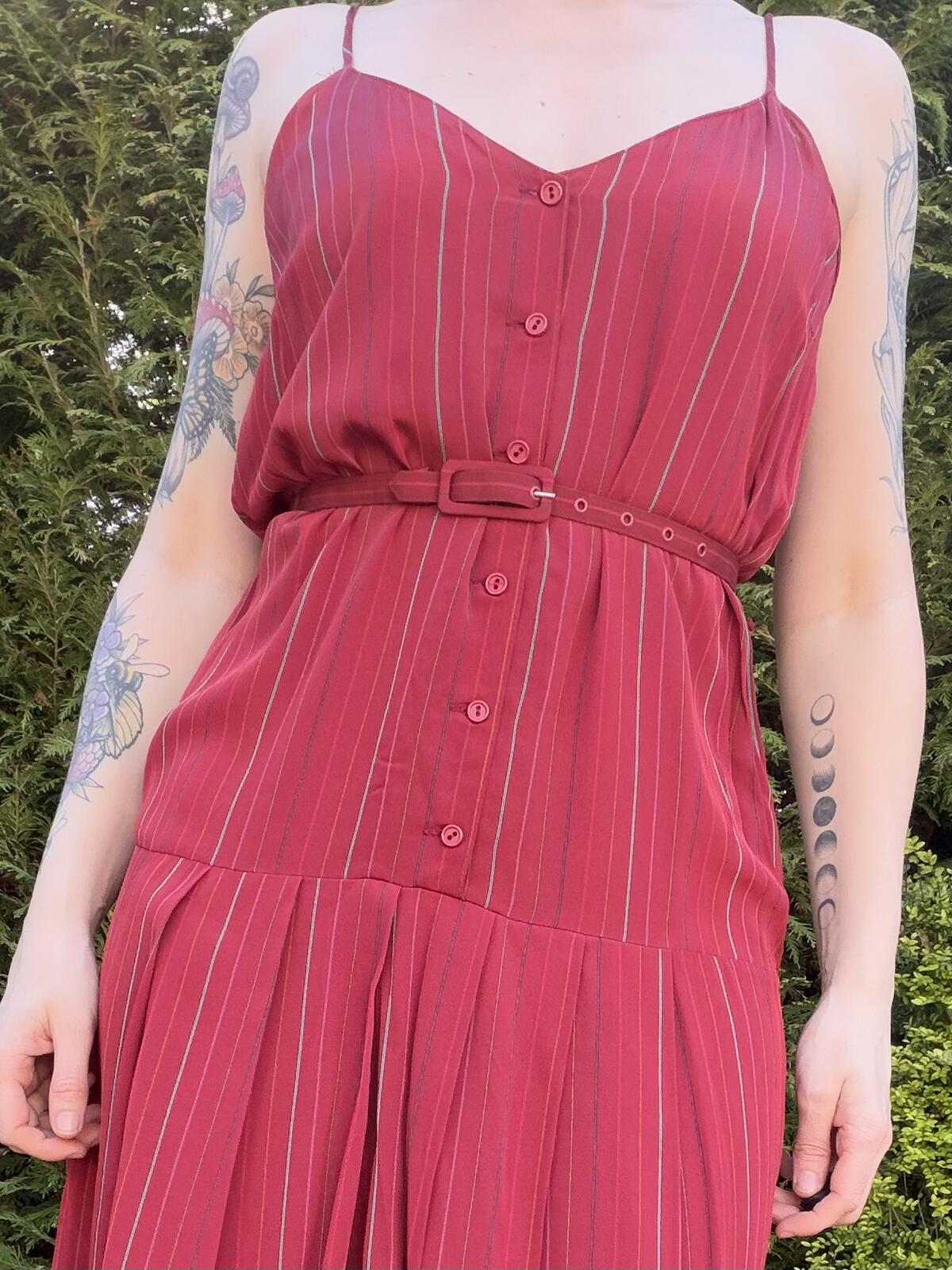 Vintage 1980s Summer Dress Red Striped Midi Dress with Belt Size 10