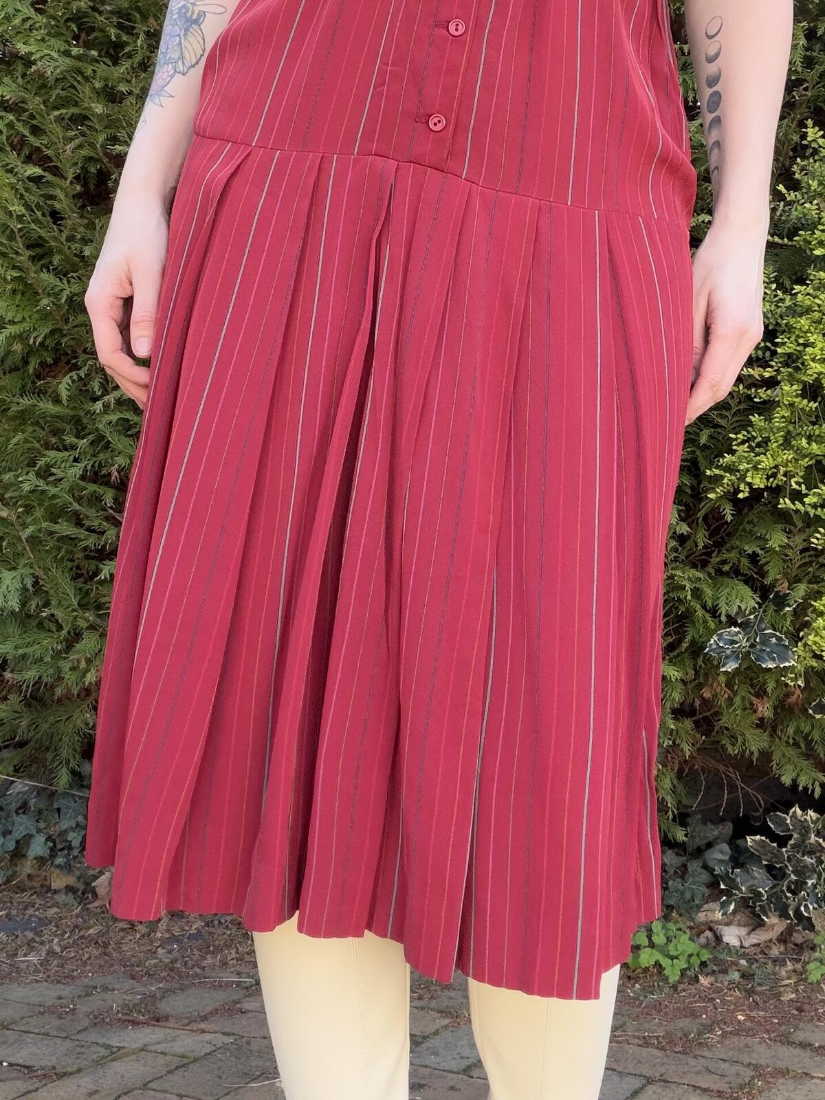 Vintage 1980s Summer Dress Red Striped Midi Dress with Belt Size 10