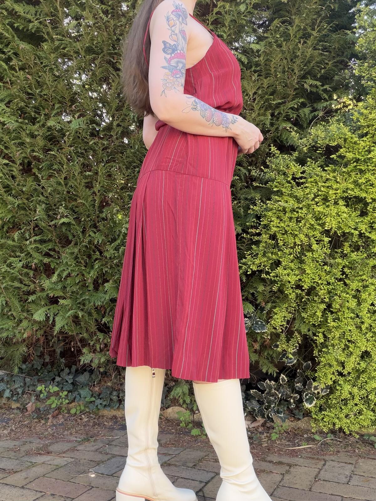 Vintage 1980s Summer Dress Red Striped Midi Dress with Belt Size 10