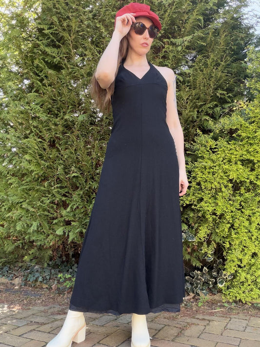 Vintage 1970s Maxi Dress Black Size 6 to 8 Halter Neck Long Dress