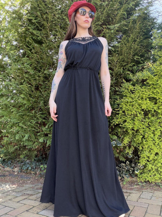 Vintage 1970s Maxi Dress Black Size 10 to 12 with Lace Detail