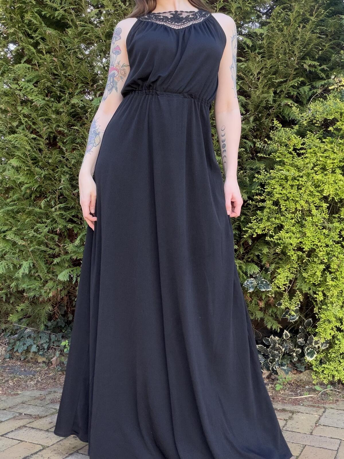 Vintage 1970s Maxi Dress Black Size 10 to 12 with Lace Detail