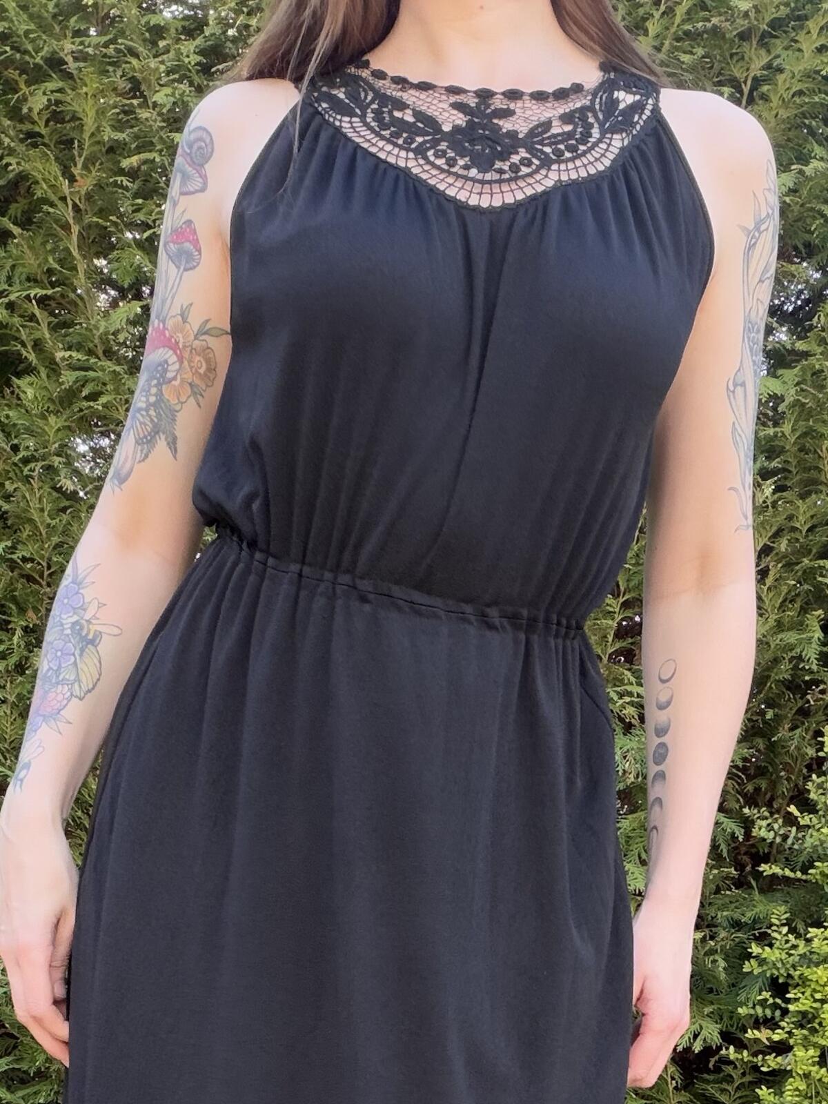 Vintage 1970s Maxi Dress Black Size 10 to 12 with Lace Detail