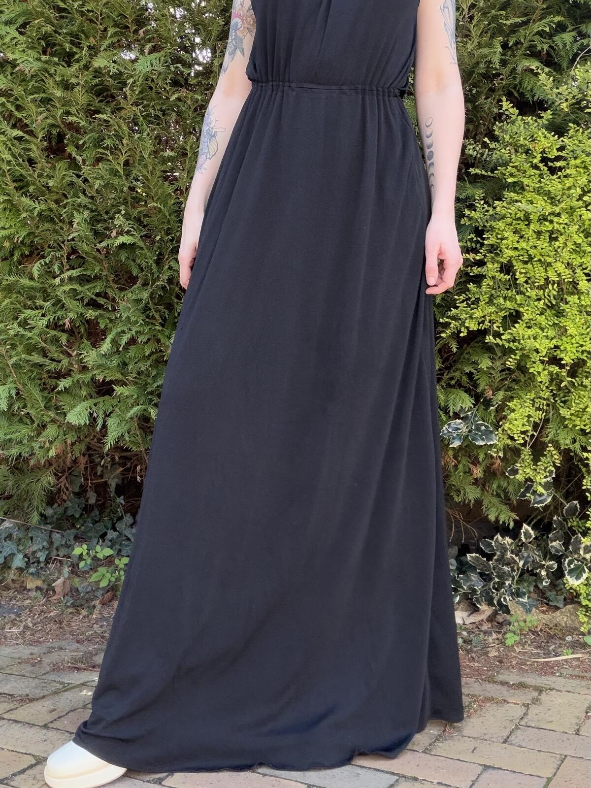Vintage 1970s Maxi Dress Black Size 10 to 12 with Lace Detail