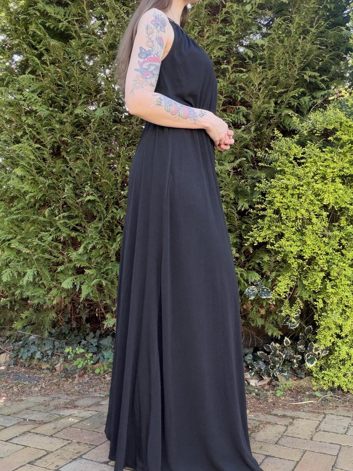 Vintage 1970s Maxi Dress Black Size 10 to 12 with Lace Detail