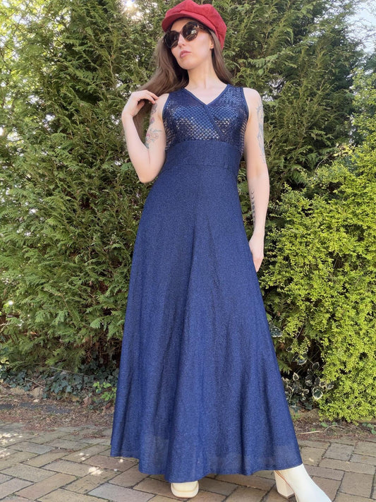 Vintage 1970s Maxi Dress Size 10 to 12 Navy Blue Lurex with Sequin Bodice