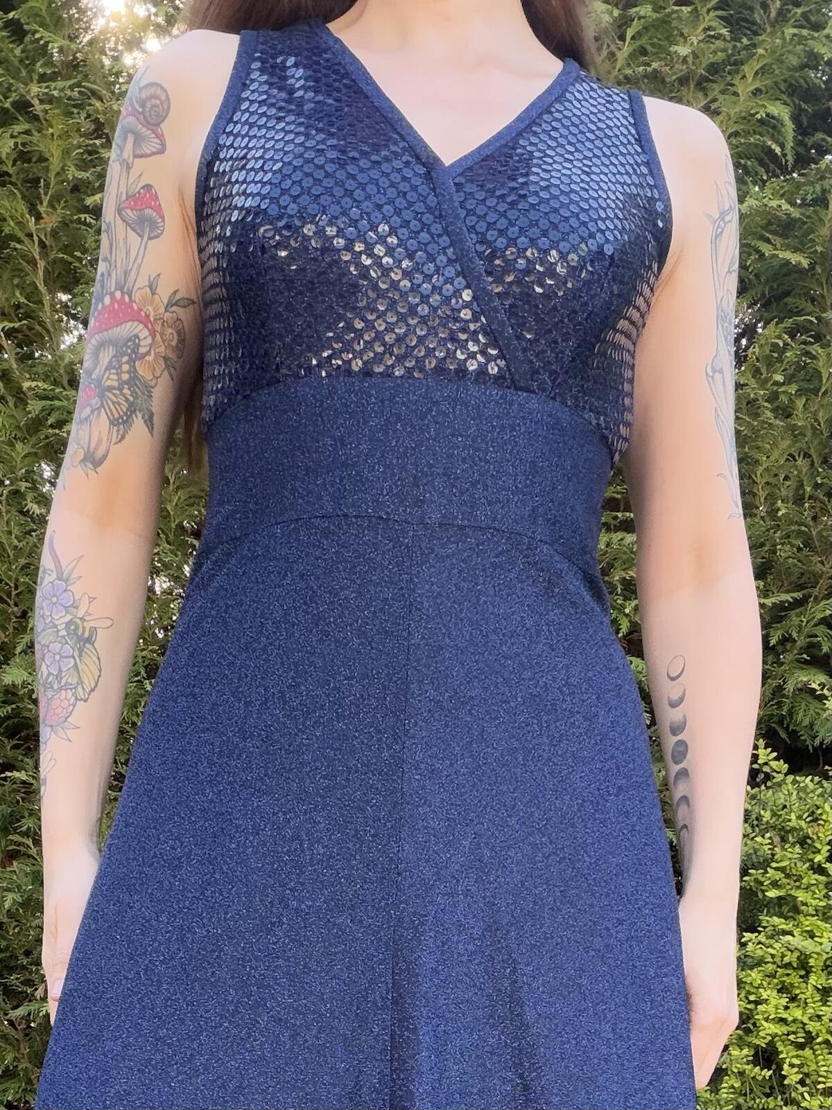 Vintage 1970s Maxi Dress Size 10 to 12 Navy Blue Lurex with Sequin Bodice