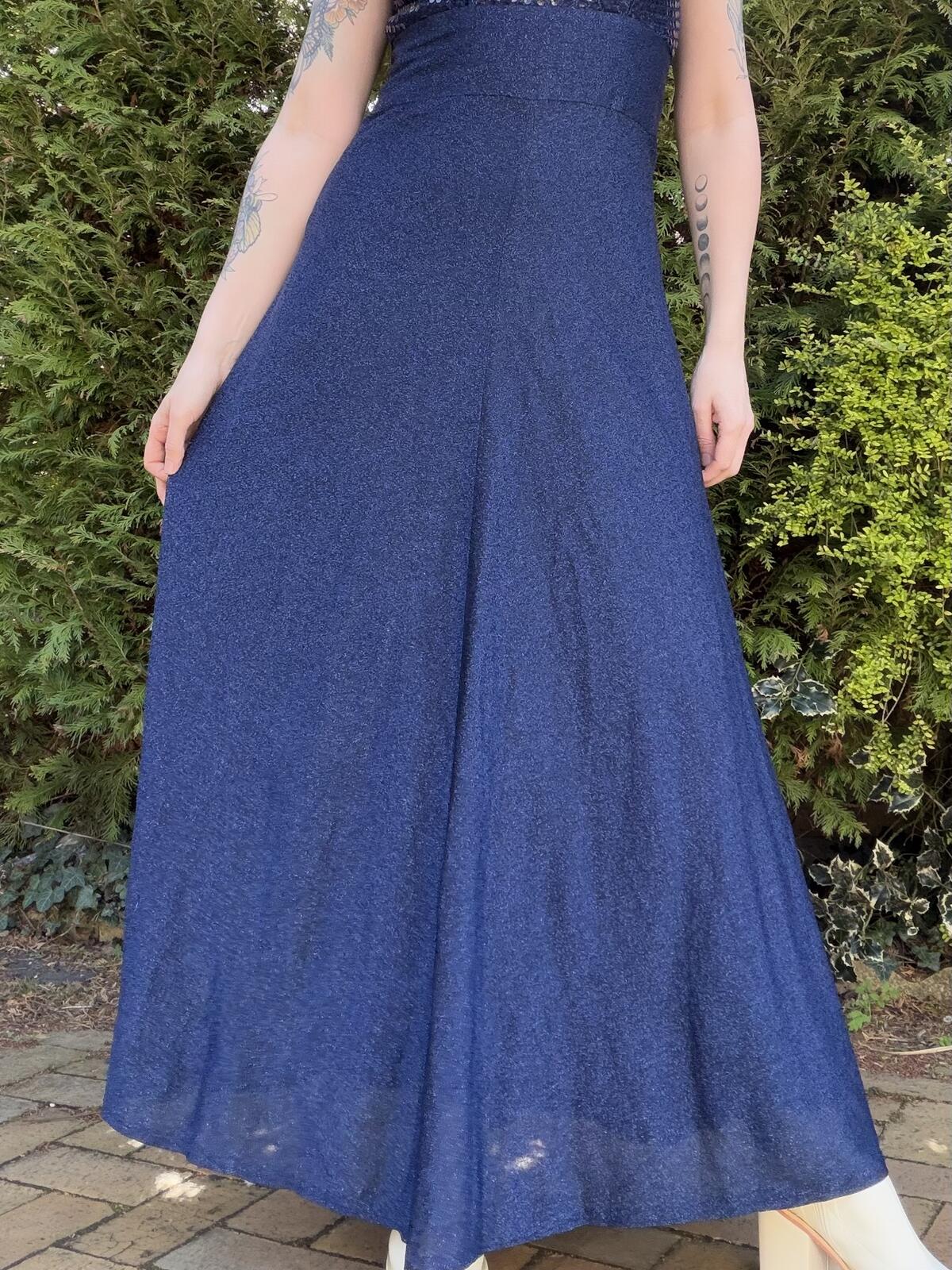 Vintage 1970s Maxi Dress Size 10 to 12 Navy Blue Lurex with Sequin Bodice
