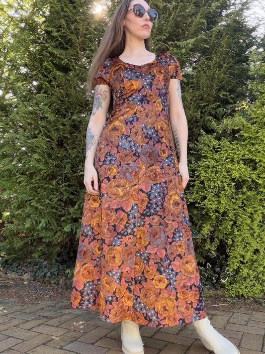 Vintage 1970s Maxi Dress Size 10 Velvet Floral Hippie Boho Long Dress Brown