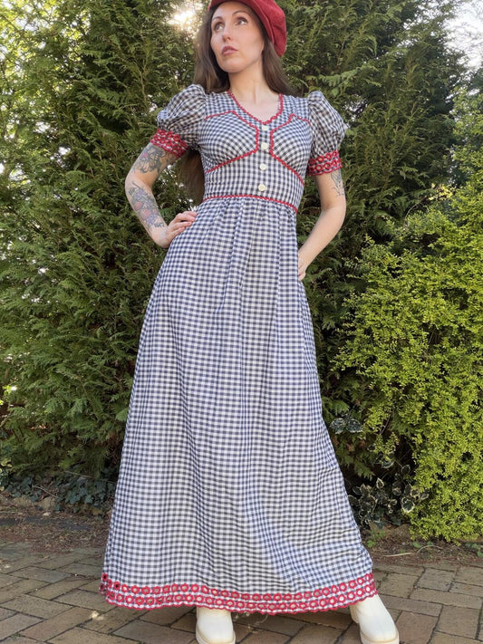 Vintage 1960s Maxi Dress Gingham Check Cottagecore Dress Puff Sleeves Size 10