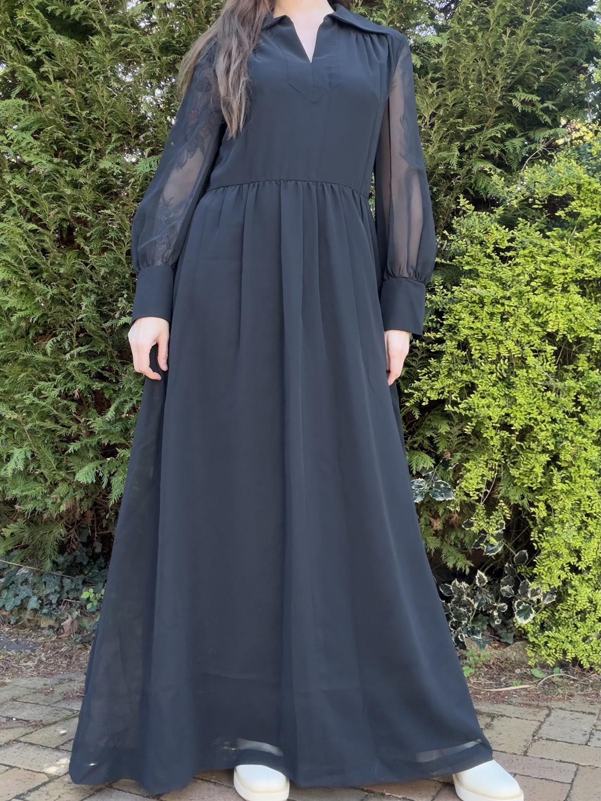 Vintage 1980s Maxi Dress Black Long Sheer Sleeve Maxi Dress Size 16