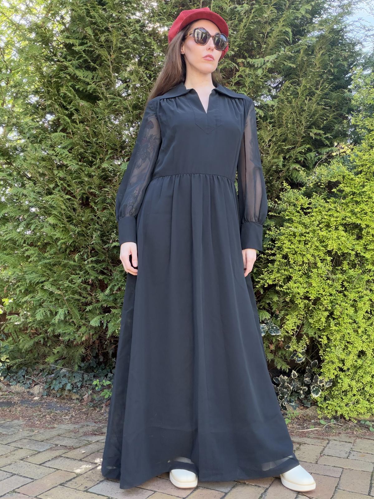 Vintage 1980s Maxi Dress Black Long Sheer Sleeve Maxi Dress Size 16