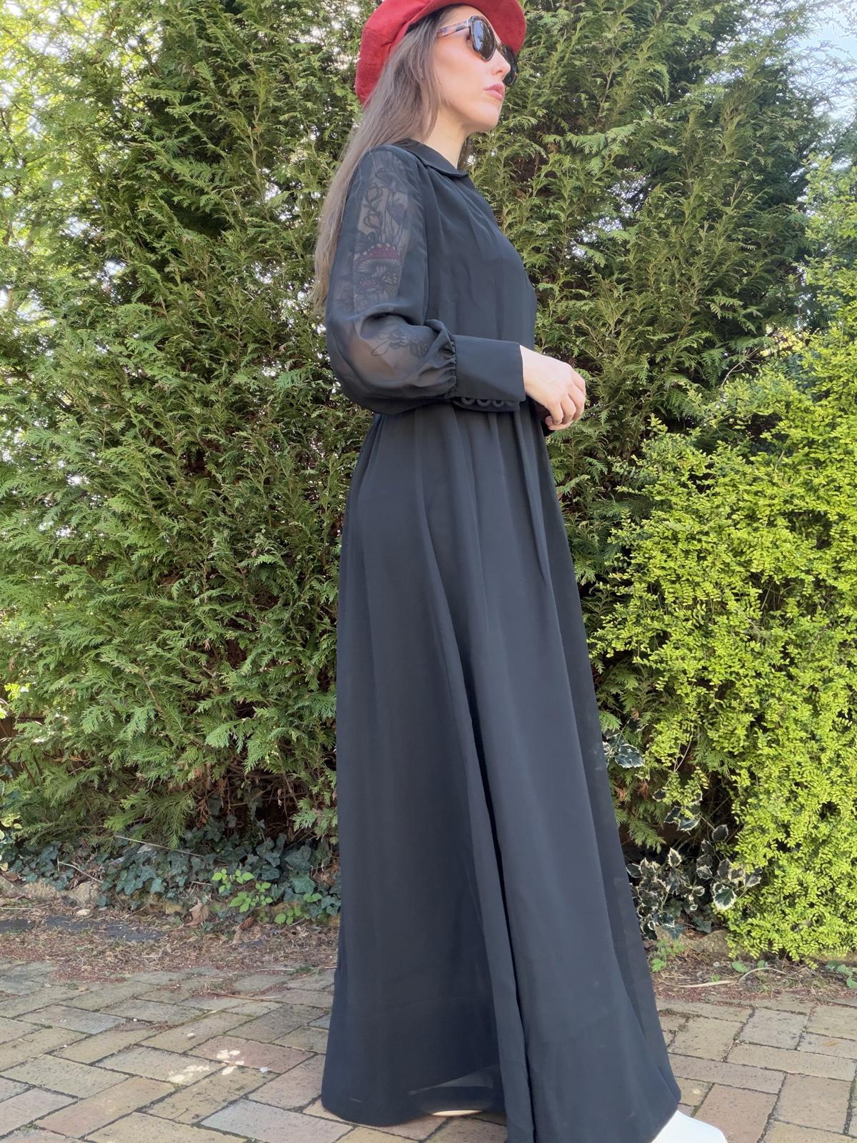 Vintage 1980s Maxi Dress Black Long Sheer Sleeve Maxi Dress Size 16