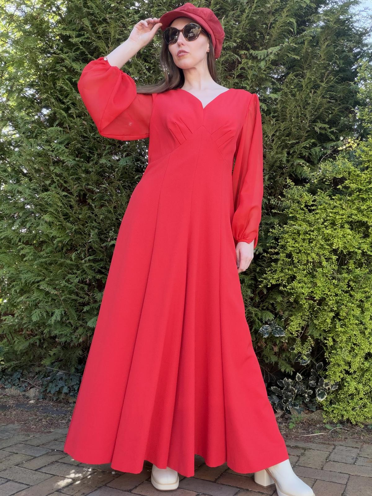 Vintage 1980s Maxi Dress Red Long Sheer Balloon Sleeves size 16
