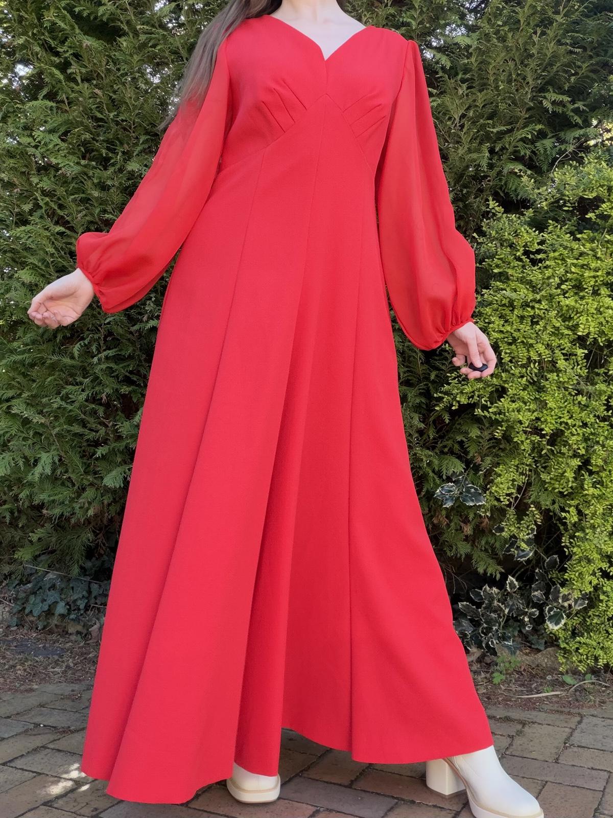 Vintage 1980s Maxi Dress Red Long Sheer Balloon Sleeves size 16