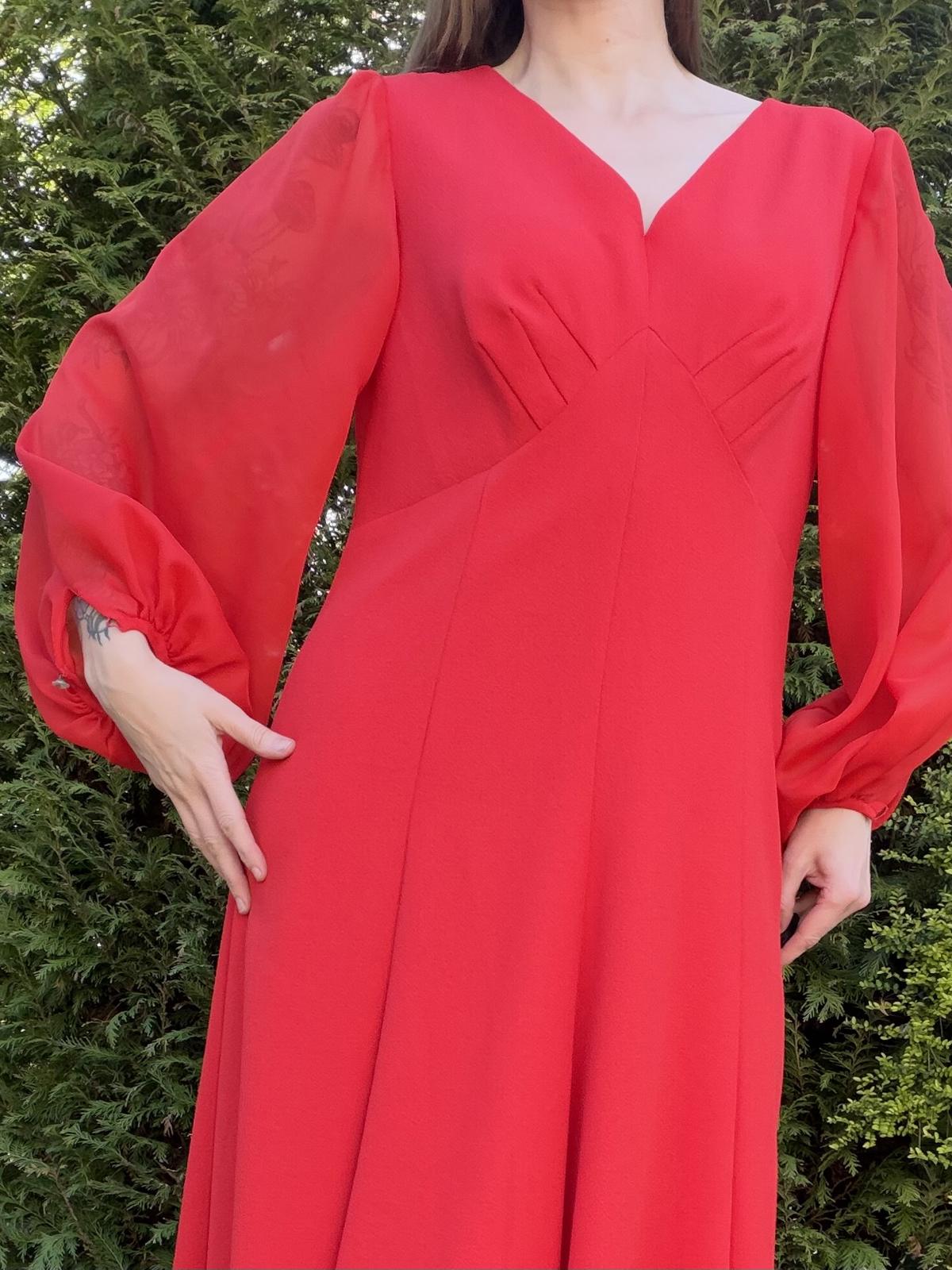 Vintage 1980s Maxi Dress Red Long Sheer Balloon Sleeves size 16