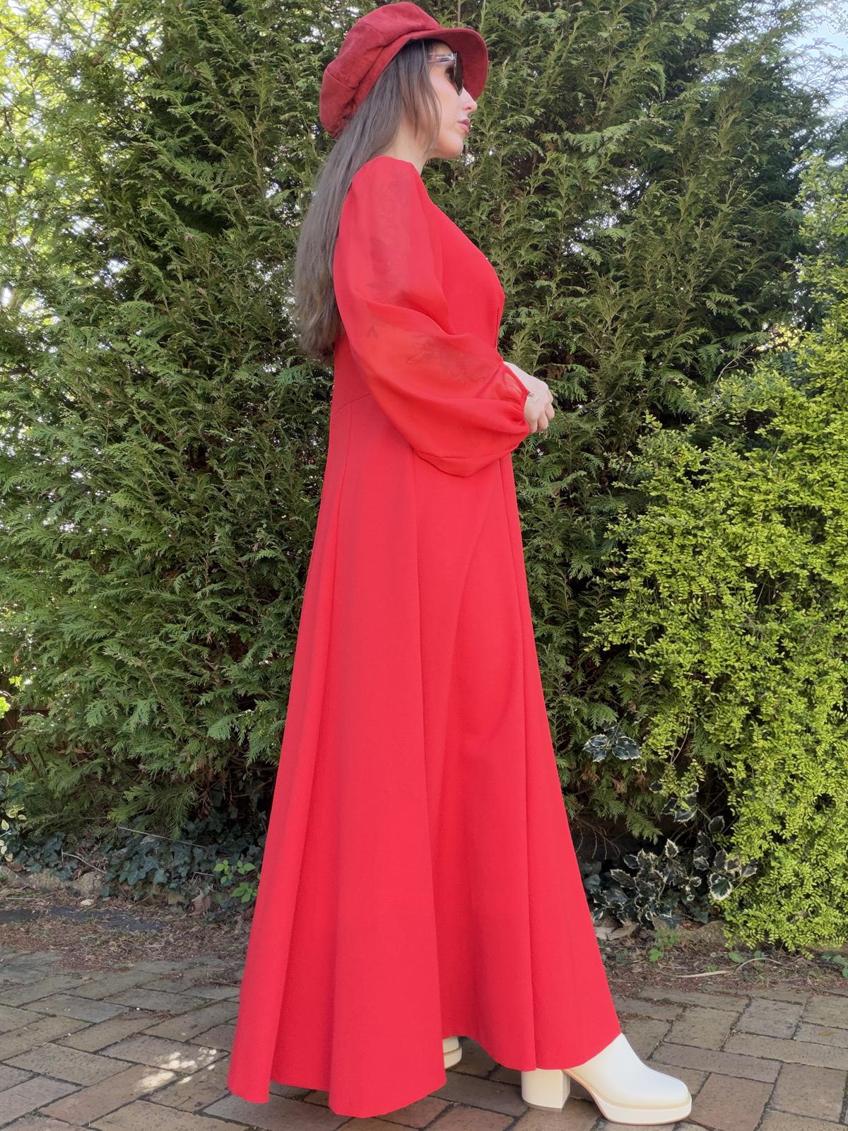Vintage 1980s Maxi Dress Red Long Sheer Balloon Sleeves size 16